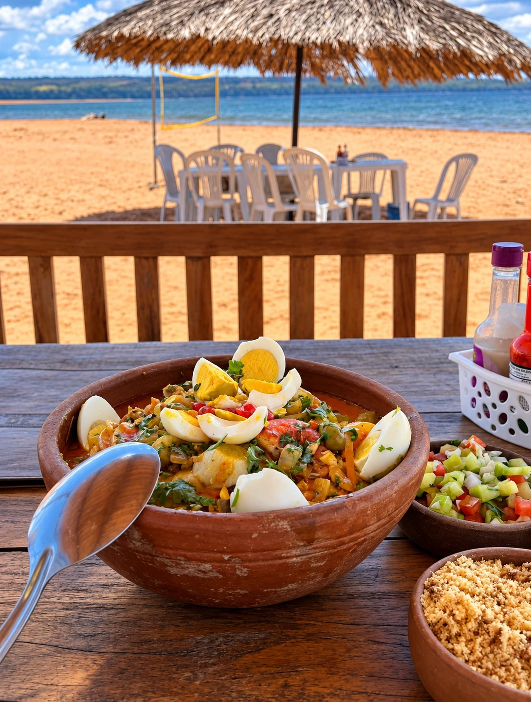 Comida regional em panela de barro com a praia ao fundo